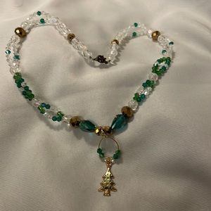 2/25 Handmade Jewelry Christmas Tree Necklace Sparkling Green Gold Clear Beads